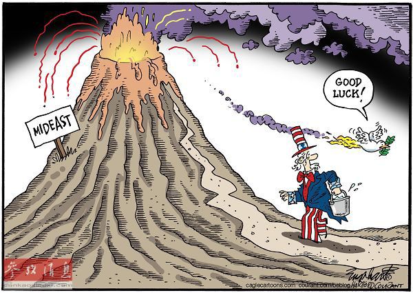 “中东”火山爆发，山姆大叔（美国的象征）提着水桶前去救火，而和平鸽正要飞走，留下祝福：“祝您好运！”（美国报刊漫画家协会网站）