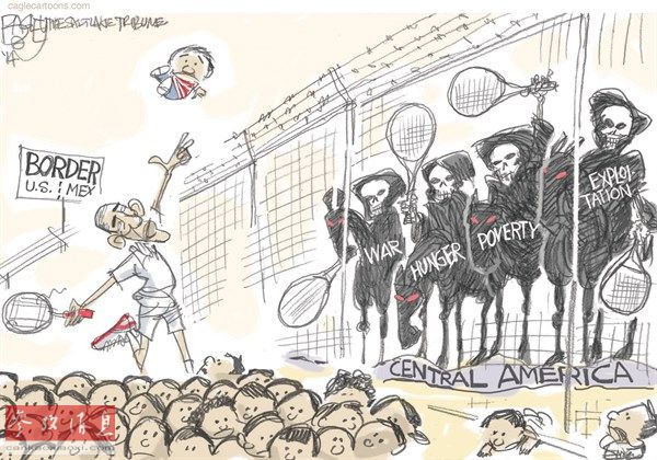 美国总统奥巴马在美墨边境与中美洲的四名魔鬼“战争”、“饥饿”、“贫穷”以及“剥削”进行“网球比赛”，而比赛用的“球”则是从中美洲越境进入美国的非法移民儿童。7月8日，美国总统奥巴马向国会申请37亿美元紧急拨款，以加强美墨西边境的入境管制，加速遣返非法越境进入美国的中美洲妇女儿童。（原载美国政治漫画网）