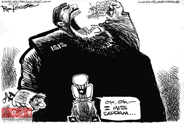 “伊拉克和黎凡特伊斯兰国”（ISIS）张开大嘴将要吞噬“伊拉克”和“叙利亚”，山姆大叔（美国的象征）感叹说：“好吧，好吧，我想念萨达姆了……”（原载美国政治漫画网）