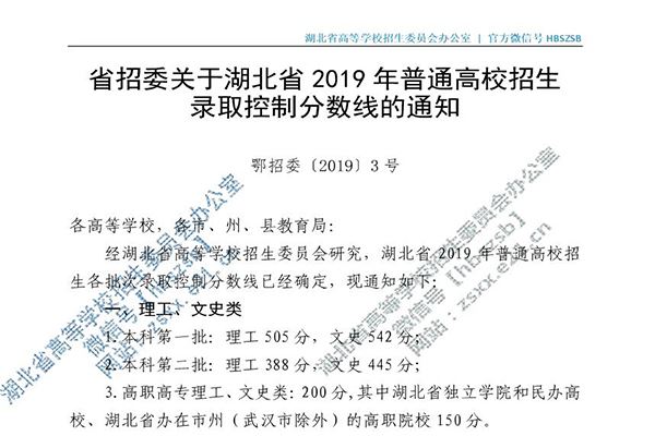 2019年湖北省高考分数线（一本、二本、艺术生）