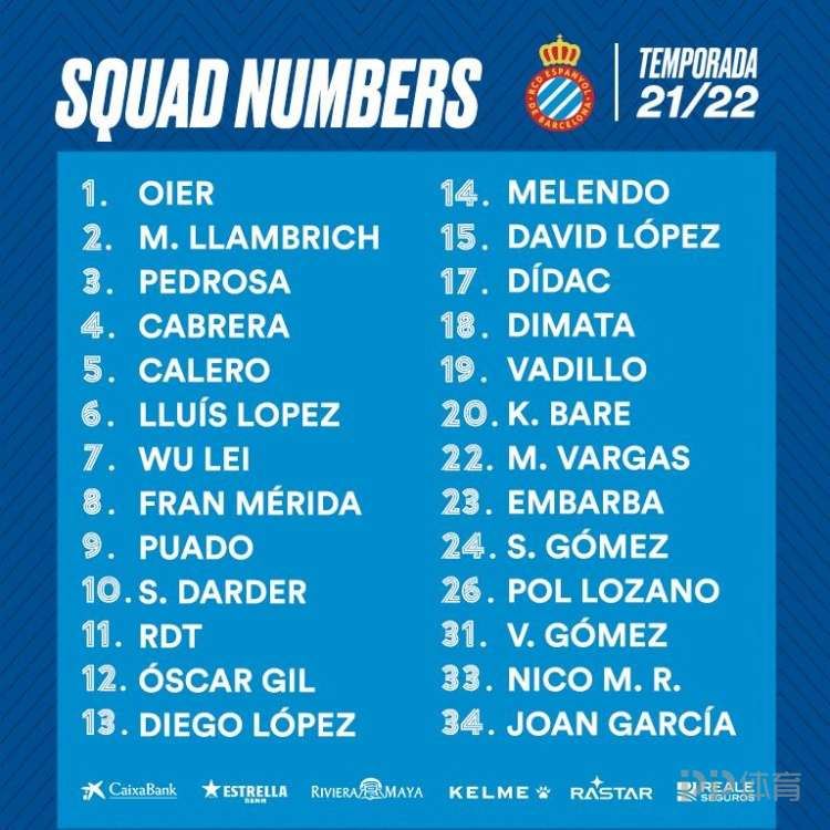 西班牙人公布新赛季球衣号码：武磊继续身披7号