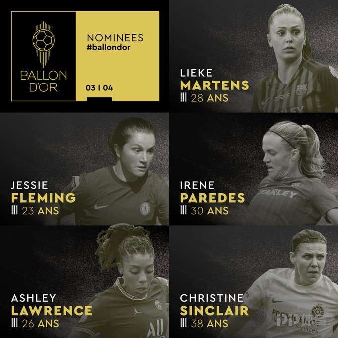 女足金球奖候选人公布：米德玛、辛克莱尔、马滕斯在列