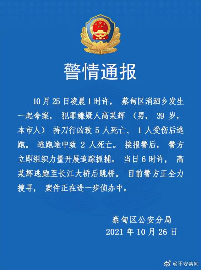 武汉：男子杀5人逃跑时再致2死后跳长江大桥 警方正搜寻