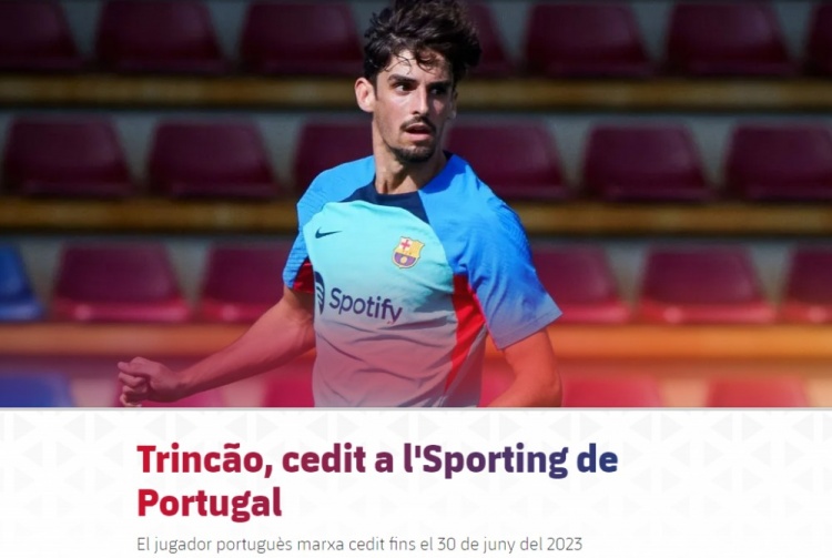 官方：巴萨边锋特林康租借葡萄牙体育一年，含选择买断条款